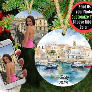 Sicily Christmas Ornament, Italy Travel Keepsake, Sicilian Souvenir Gift, Personalized Sicily Holiday Decoration, Custom Italy Decor