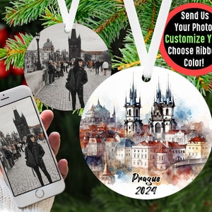 Custom Prague Travel Ornament with Photo Personalized Gift, Travel Influencer Vacation Ornament, Content Creator Travel Blogger Gift Idea White