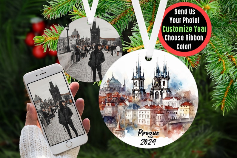 Custom Prague Travel Ornament with Photo Personalized Gift, Travel Influencer Vacation Ornament, Content Creator Travel Blogger Gift Idea White