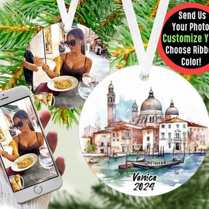 Custom Venice Travel Ornament with Photo Personalized Gift, Travel Influencer Vacation Ornament, Content Creator Travel Blogger Gift Idea White