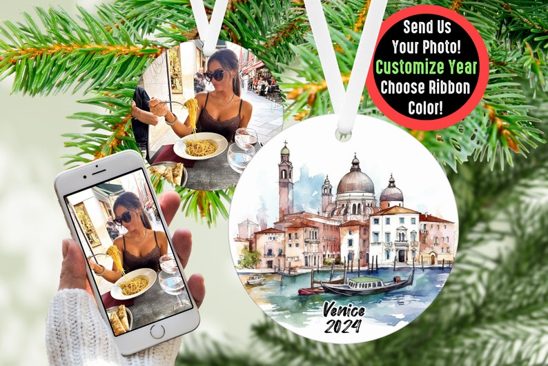 Custom Venice Travel Ornament with Photo Personalized Gift, Travel Influencer Vacation Ornament, Content Creator Travel Blogger Gift Idea White