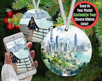 Custom Hong Kong Travel Photo Ornament Christmas Keepsake, Girls Trip Ornament with Picture, Cute Family Ornament, Newlywed Ornament Gift