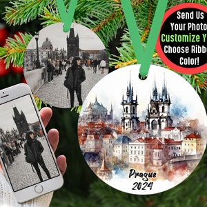 Custom Prague Travel Ornament with Photo Personalized Gift, Travel Influencer Vacation Ornament, Content Creator Travel Blogger Gift Idea Green