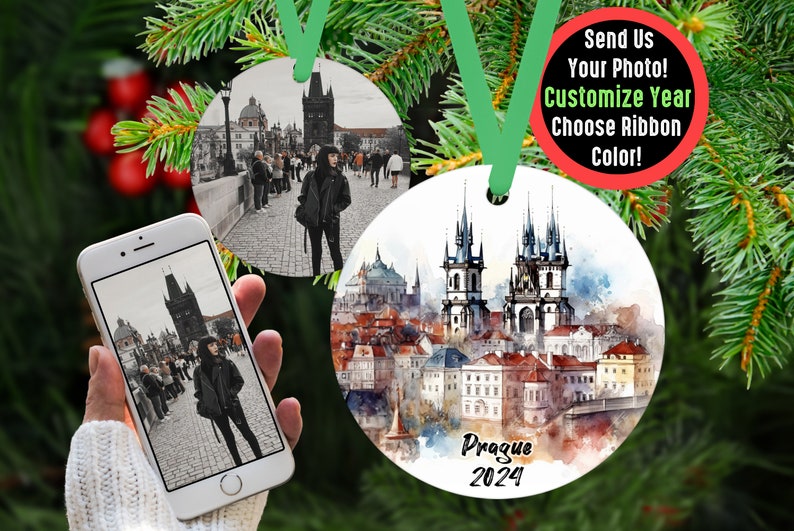 Custom Prague Travel Ornament with Photo Personalized Gift, Travel Influencer Vacation Ornament, Content Creator Travel Blogger Gift Idea Green