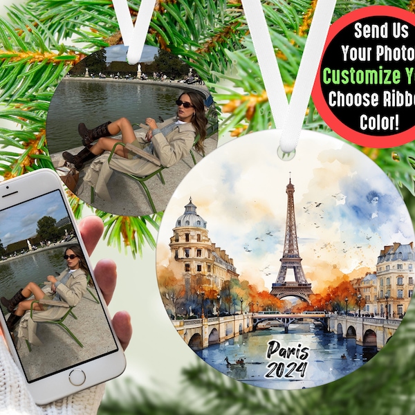 Custom Paris Travel Ornament with Photo, Traveler Newlywed Ornament for Paris Trip, Honeymoon Picture Ornament Gift for TikTok Influencer