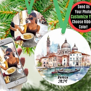 Custom Venice Travel Ornament with Photo Personalized Gift, Travel Influencer Vacation Ornament, Content Creator Travel Blogger Gift Idea Green