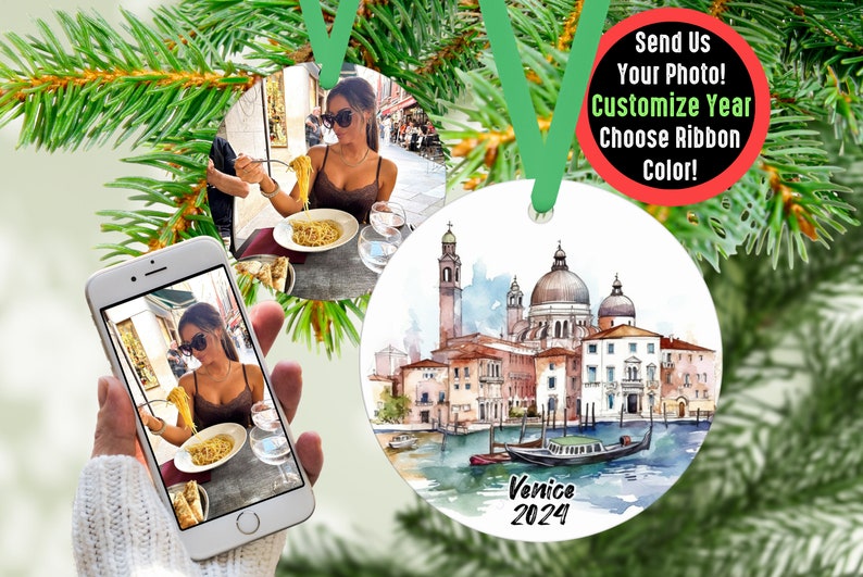 Custom Venice Travel Ornament with Photo Personalized Gift, Travel Influencer Vacation Ornament, Content Creator Travel Blogger Gift Idea Green