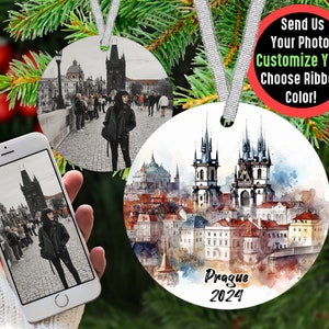 Custom Prague Travel Ornament with Photo Personalized Gift, Travel Influencer Vacation Ornament, Content Creator Travel Blogger Gift Idea Silver