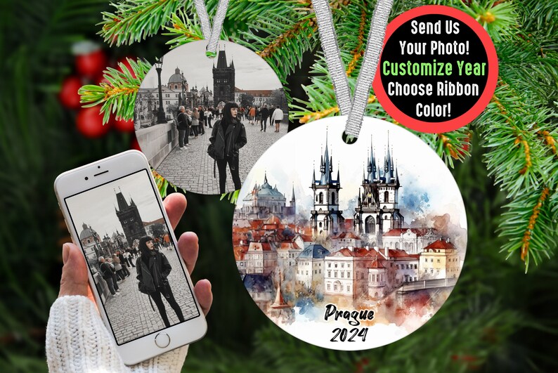 Custom Prague Travel Ornament with Photo Personalized Gift, Travel Influencer Vacation Ornament, Content Creator Travel Blogger Gift Idea Silver