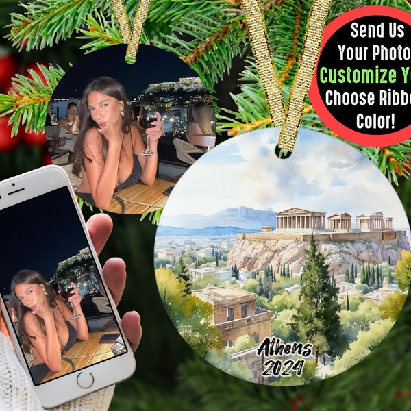 Custom Athens Vacation Picture Ornament, Photo Memory Gift for Travel Influencer, Memorable Keepsake Couples Present, Holiday Photo Gift