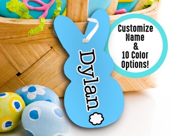 Boy Easter Basket Tag - Cute Marshmallow Bunny Name Tag, Customizable with Name and Background Color - The Perfect Personalized Gift!