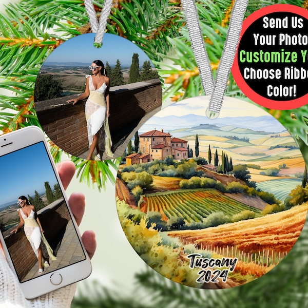Custom Tuscany Travel Ornament with Photo Personalized Gift, Travel Influencer Vacation Ornament, Content Creator Travel Blogger Gift Idea