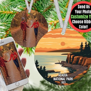 Acadia National Park Ornament Personalized Travel Souvenir, Custom Photo Ornament, Maine Vacation Keepsake, New England Gift for Hikers