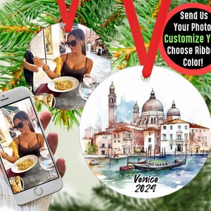 Custom Venice Travel Ornament with Photo Personalized Gift, Travel Influencer Vacation Ornament, Content Creator Travel Blogger Gift Idea Red