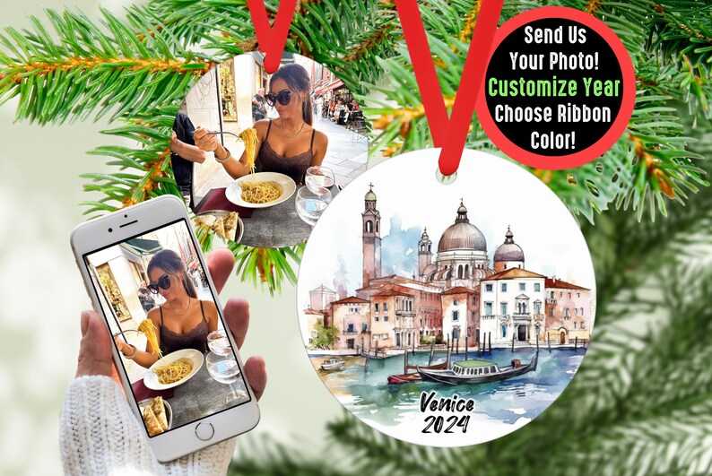 Custom Venice Travel Ornament with Photo Personalized Gift, Travel Influencer Vacation Ornament, Content Creator Travel Blogger Gift Idea Red