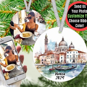 Custom Venice Travel Ornament with Photo Personalized Gift, Travel Influencer Vacation Ornament, Content Creator Travel Blogger Gift Idea Silver