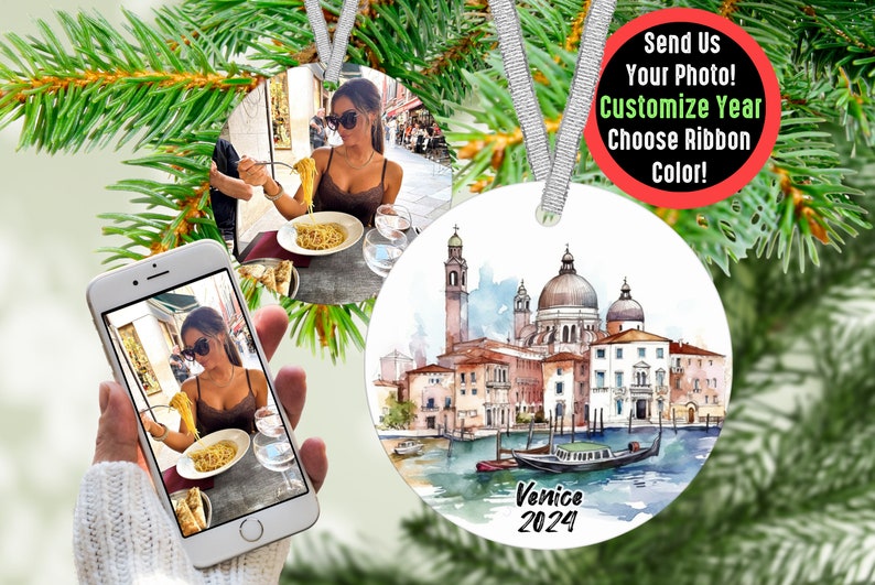 Custom Venice Travel Ornament with Photo Personalized Gift, Travel Influencer Vacation Ornament, Content Creator Travel Blogger Gift Idea Silver