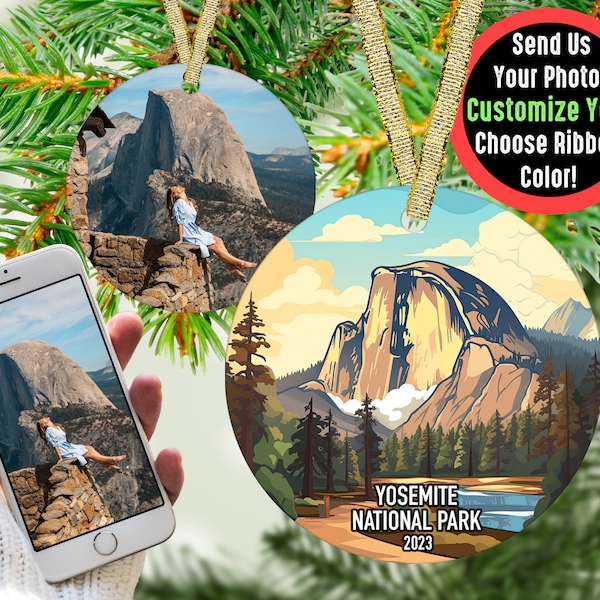 Custom Yosemite National Park Ornament, Vacation Photo Ornament, Personalized Camper Gift, Outdoor Enthusiast Hiking Picture Ornament