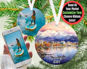 Custom Anchorage Travel Ornament with Photo Personalized Gift, Travel Influencer Vacation Ornament, Content Creator Travel Blogger Gift Idea