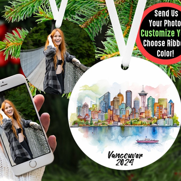 Custom Vancouver Travel Ornament with Photo, Flight Attendant Tag Gift for Traveler, Honeymoon Picture Ornament Gift for TikTok Influencer