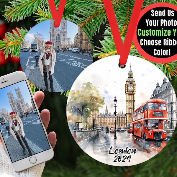 Custom London Travel Ornament with Photo Christmas Keepsake, Girls Trip Ornament with Picture, Cute Family Ornament, Newlywed Ornament Gift