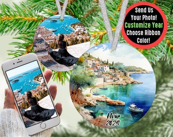 Custom Hvar Travel Ornament with Photo, Flight Attendant Tag Gift for Traveler, Honeymoon Picture Ornament Gift for TikTok Influencer