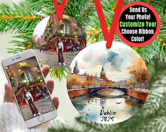 Custom Dublin Travel Ornament with Photo Personalized Gift, Travel Influencer Vacation Ornament, Content Creator Travel Blogger Gift Idea