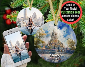 Custom Bangkok Vacation Picture Ornament, Photo Memory Gift for Travel Influencer, Memorable Keepsake Couples Present, Holiday Photo Gift