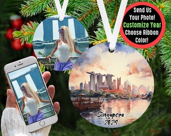 Custom Singapore Travel Ornament with Photo Personalized Gift, Travel Influencer Vacation Ornament, Content Creator Travel Blogger Gift Idea