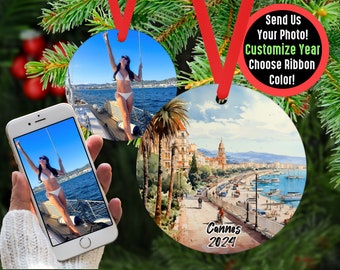 Custom Cannes Travel Ornament with Photo Personalized Gift, Travel Influencer Vacation Ornament, Content Creator Travel Blogger Gift Idea