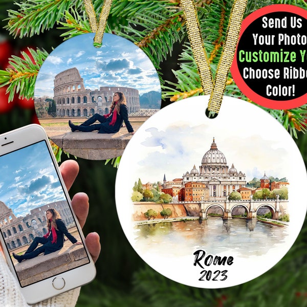 Custom Rome Italy Travel Ornament with Photo, Flight Attendant Tag Gift for Traveler, Honeymoon Picture Ornament Gift for TikTok Influencer