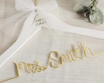 Wedding Personalized Bridal hanger with date engraved, Engagement gifts, Wire script name hanger