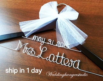 SHIP IN 1 DAY.  2 Line wedding hanger - Name hanger, Bride hanger, Bridal Gift hanger, mrs. hanger. Free shipping