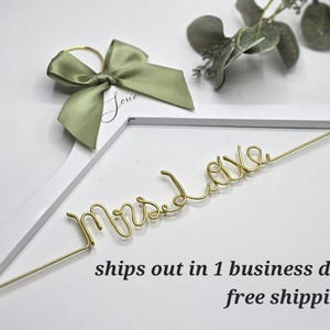 Rush Order Wedding Personalized Bridal hanger with date engraved, Engagement gifts, Wire script name hanger