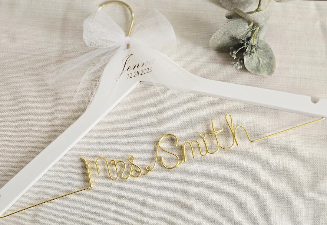 Wedding Personalized Bridal hanger with date engraved, Engagement gifts, Wire script name hanger - silver, natural w/ engraving