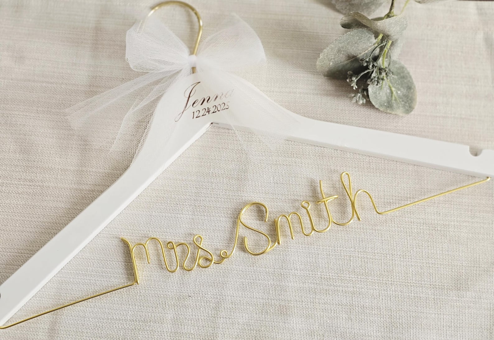 Wedding Personalized Bridal hanger with date engraved, Engagement gifts, Wire script name hanger - gold, white w/ engraving