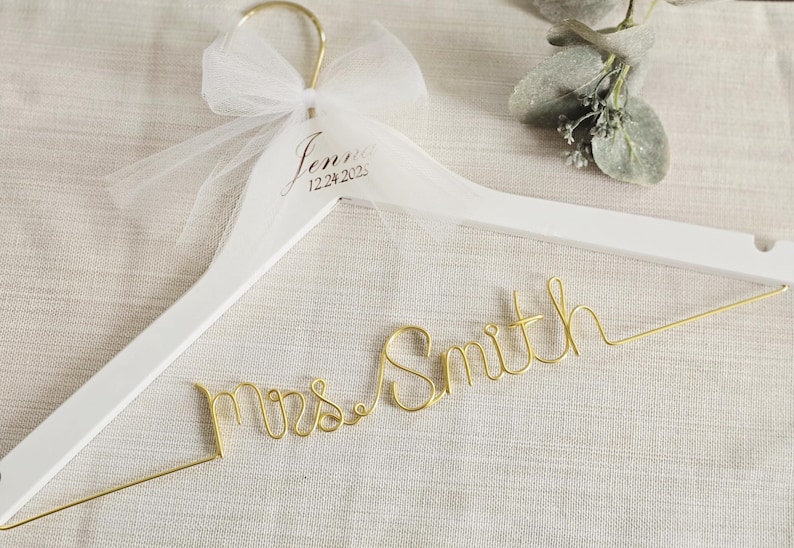 Wedding Personalized Bridal hanger with date engraved, Engagement gifts, Wire script name hanger
