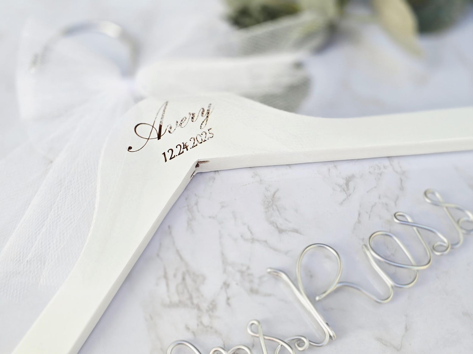 Wedding Personalized Bridal hanger with date engraved, Engagement gifts, Wire script name hanger - gold, white w/ engraving