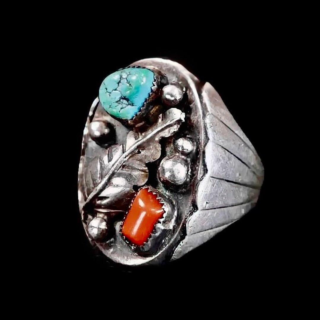 Vintage Old Pawn Navajo Turquoise & Coral Heavy Sterling Silver Ring ...