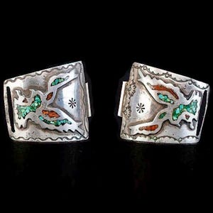 Puntas de correa de reloj vintage navajo con diseño de pájaro peyote y turquesa en plata - Joyería espiritual nativa americana