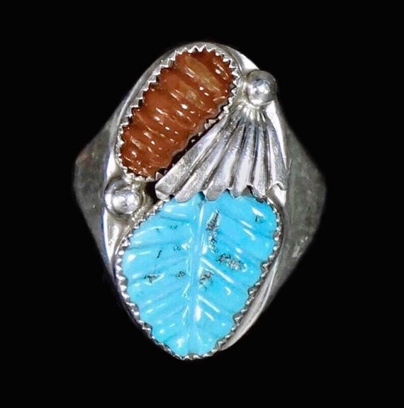 Vintage Loyolita Othole Zuni Carved Turquoise Leaf Ring