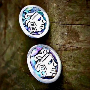 Vintage Aztec Mexican Abalone Sterling Silver Dangle Earrings - Signed Bohemian Handcrafted Jewelry Gift