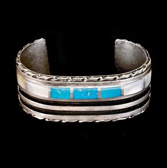 Signed Very Unique Vintage Native American Navajo Azurite Inlay Sterling Silver Bracelet Signed Very Unique Vintage Native American Navajo Azurite Inlay Sterling Silver Bracelet