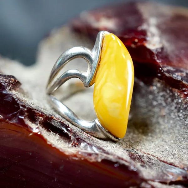 Unieke vintage butterscotch amber sterlingzilveren ring - spirituele sieraden cadeau
