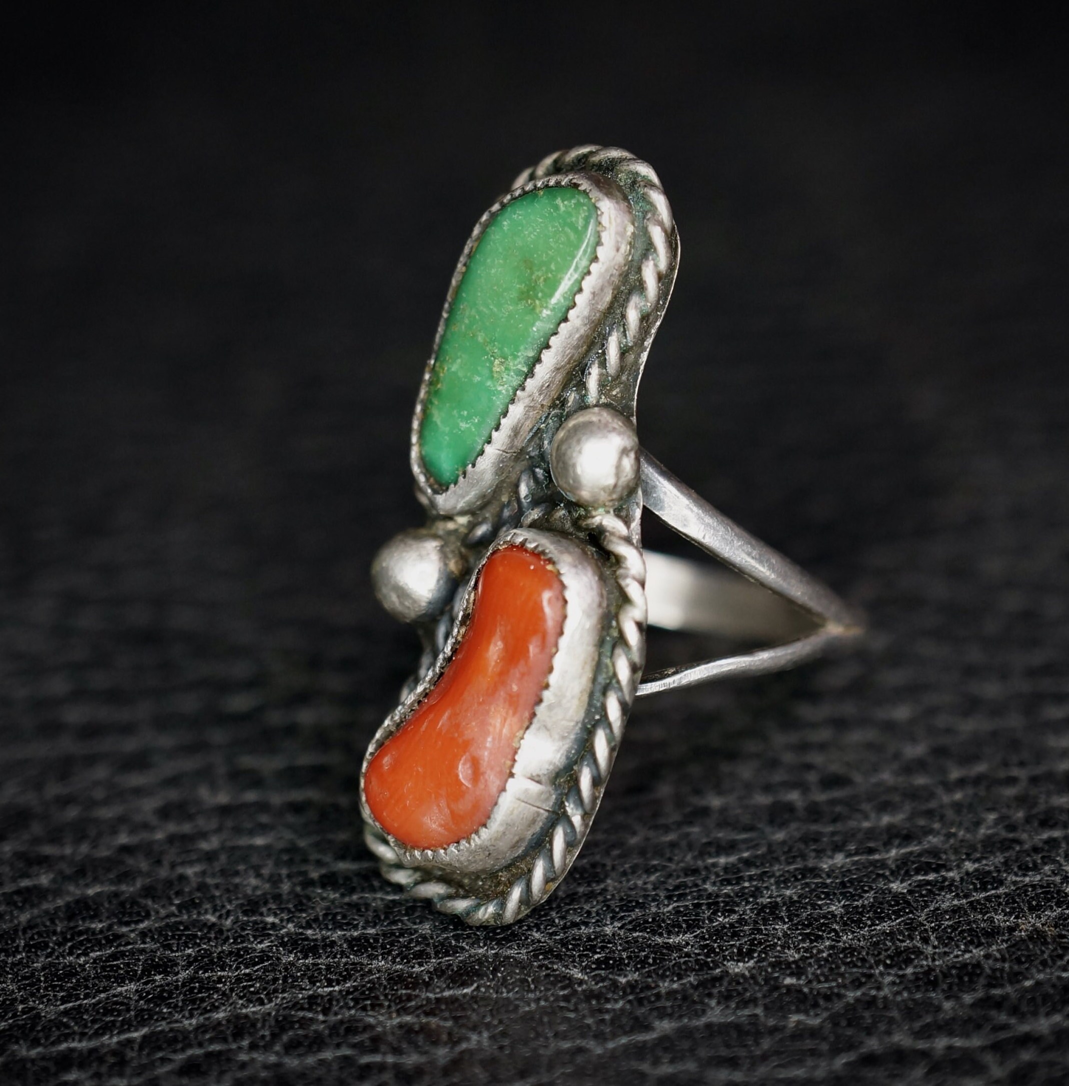 Vintage Navajo Turquoise & Coral Sterling Silver Ring - Handcrafted ...