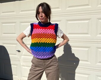 Rainbow Striped Granny Crochet Vest