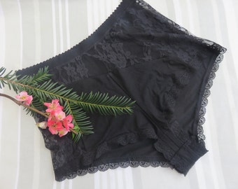 High waist shorty black viscose jersey and black lace - Black boyshort - Panties - Womens shorts - Girly lingerie