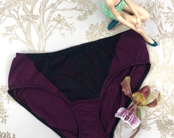 Culotte femme - Culotte classique aubergine - culotte coton et dentelle - culotte coton aubergine et empiècement devant dentelle noire