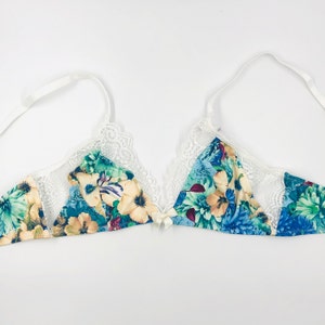 Blue print and off-white Bralette - Soft viscose stretch bralette  and stretch lace off-white - Bra without underwire