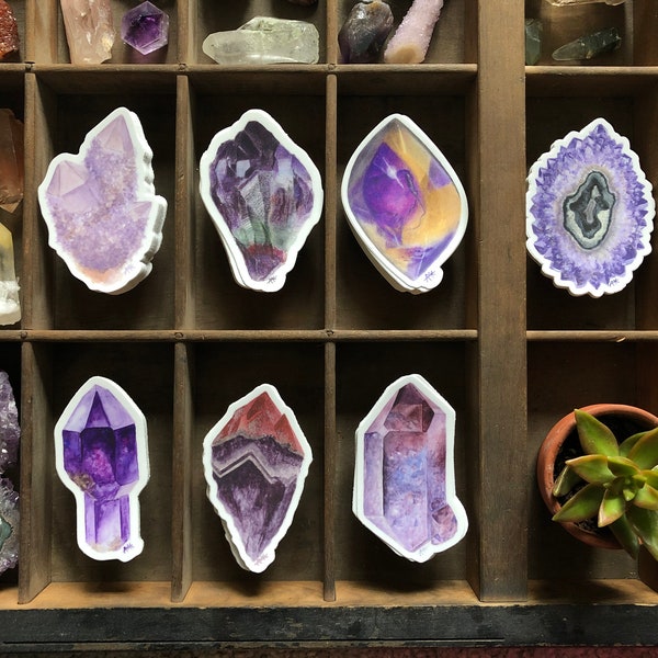 Amethyst Crystal Art Stickers | February Birthstone Gifts | Purple Amethyst Point Cluster